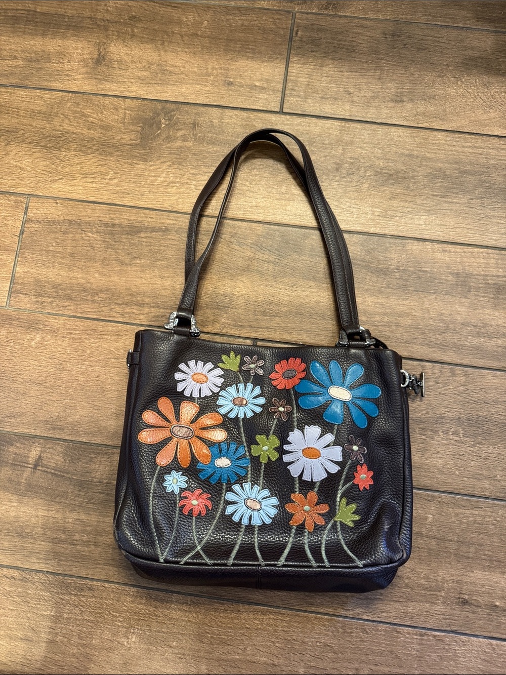 Brighton Brown Floral Appliqué Leather Shoulder Bag